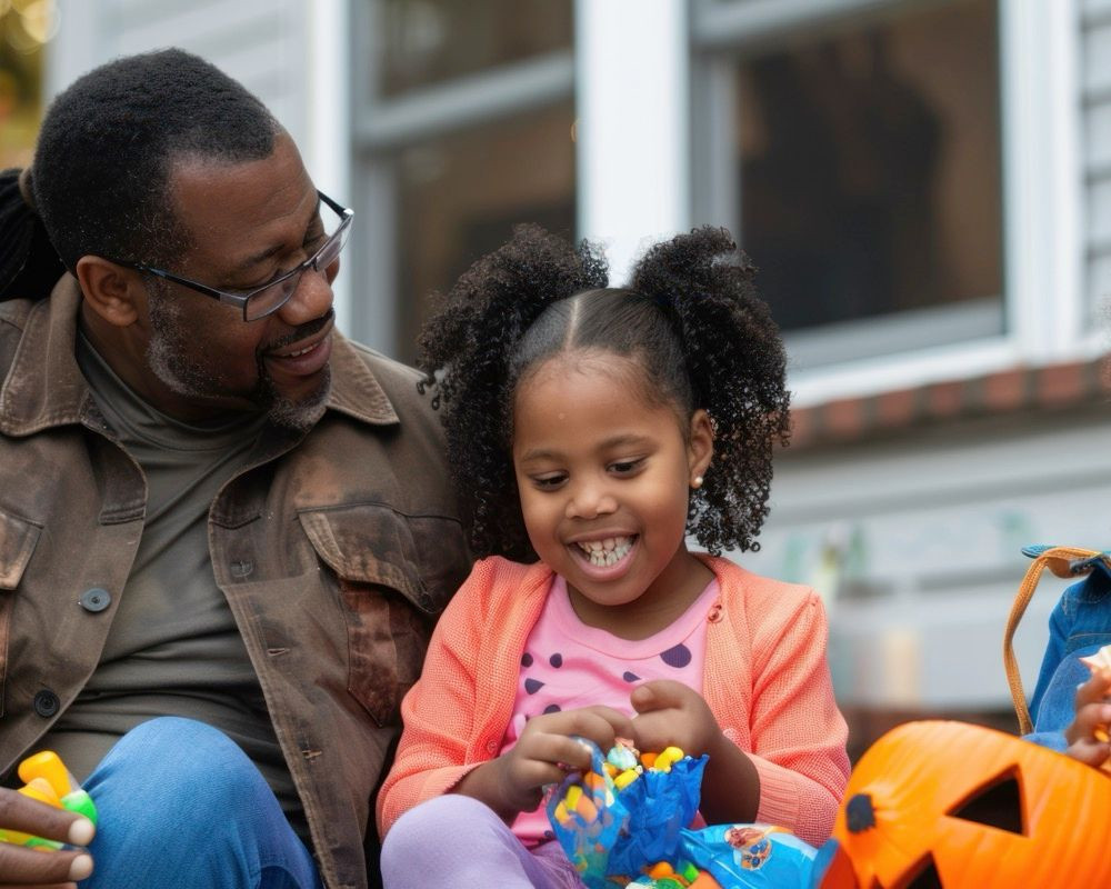 A family sitting together, enjoying their Halloween candy haul.